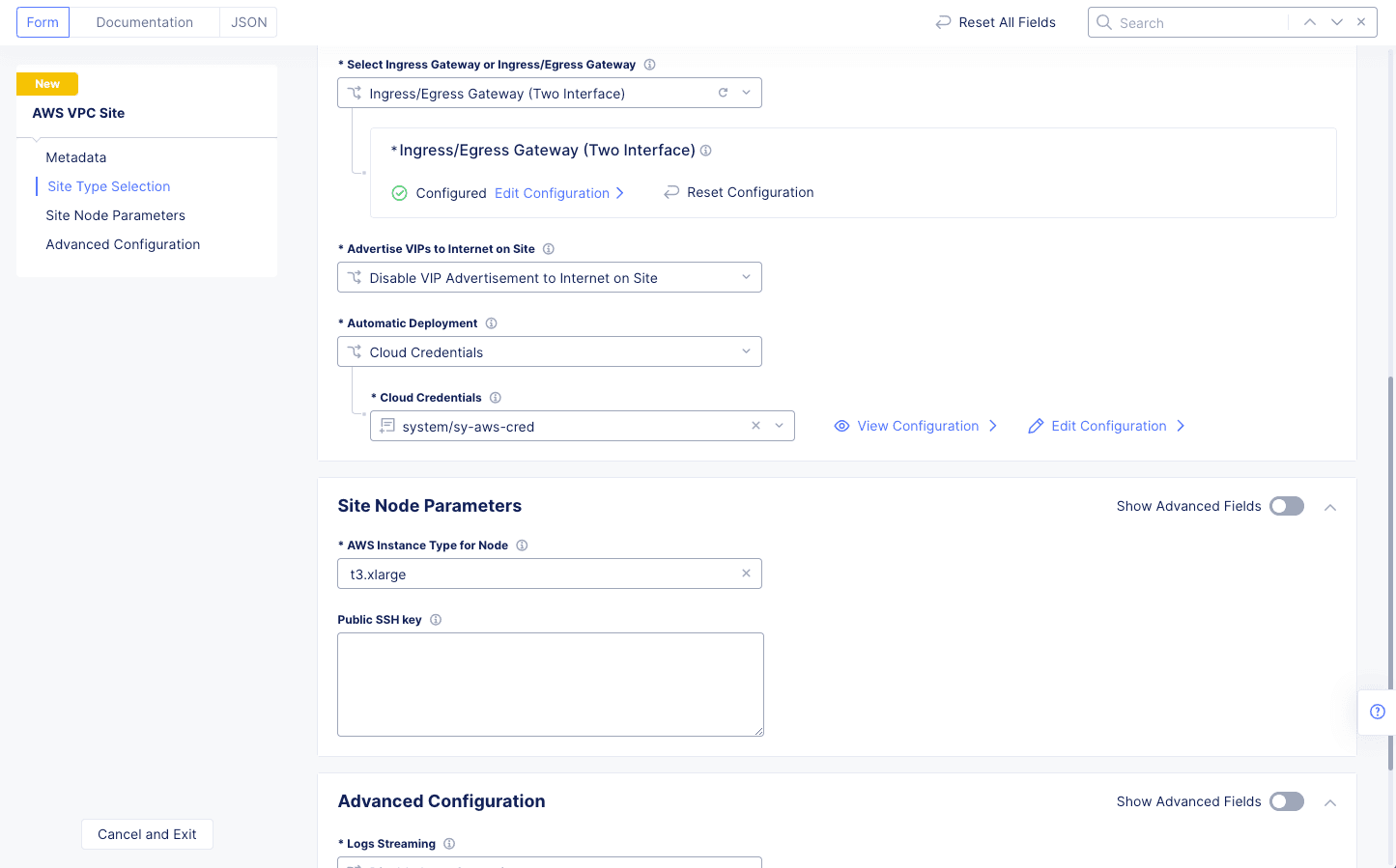 Figure: Automatic Deployment and Site Node Parameters