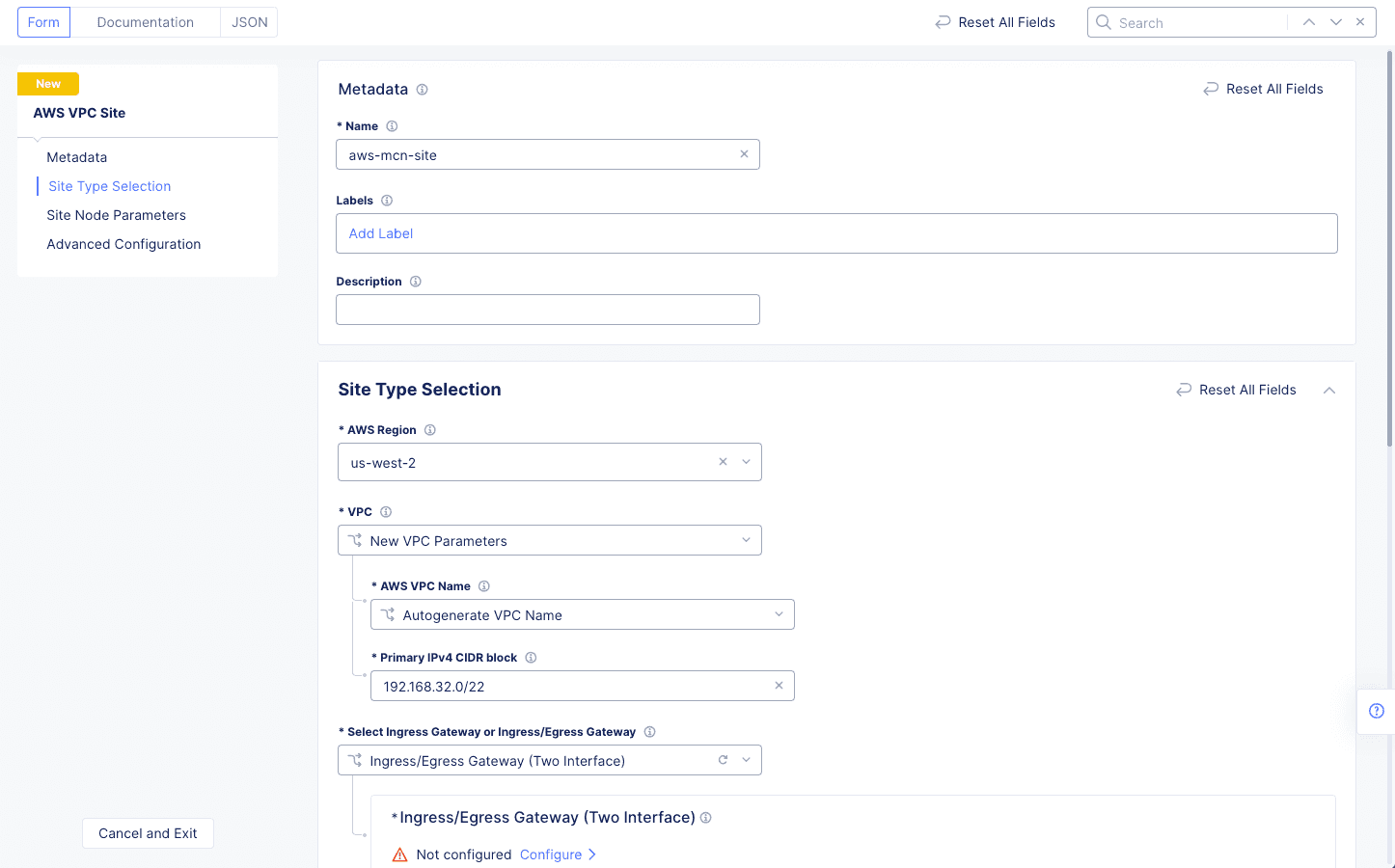 Figure: AWS VPC Site Configuration of Site Type