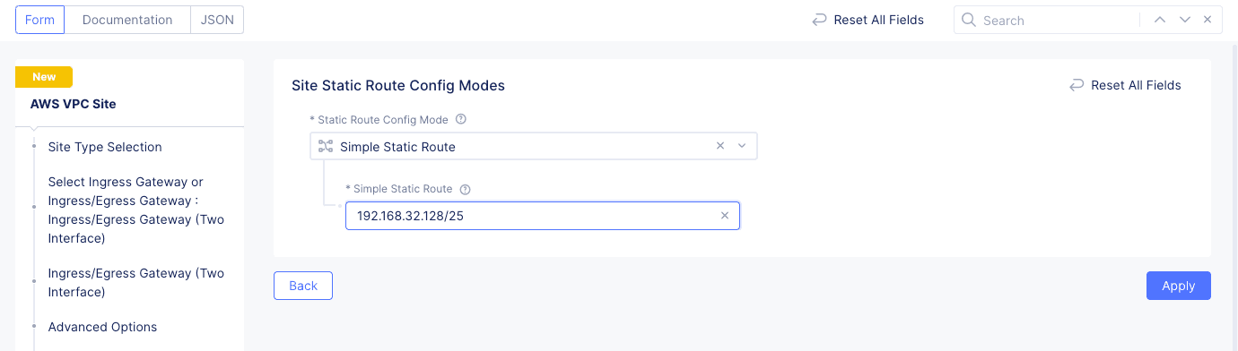 Figure: Site Static Route Configuration