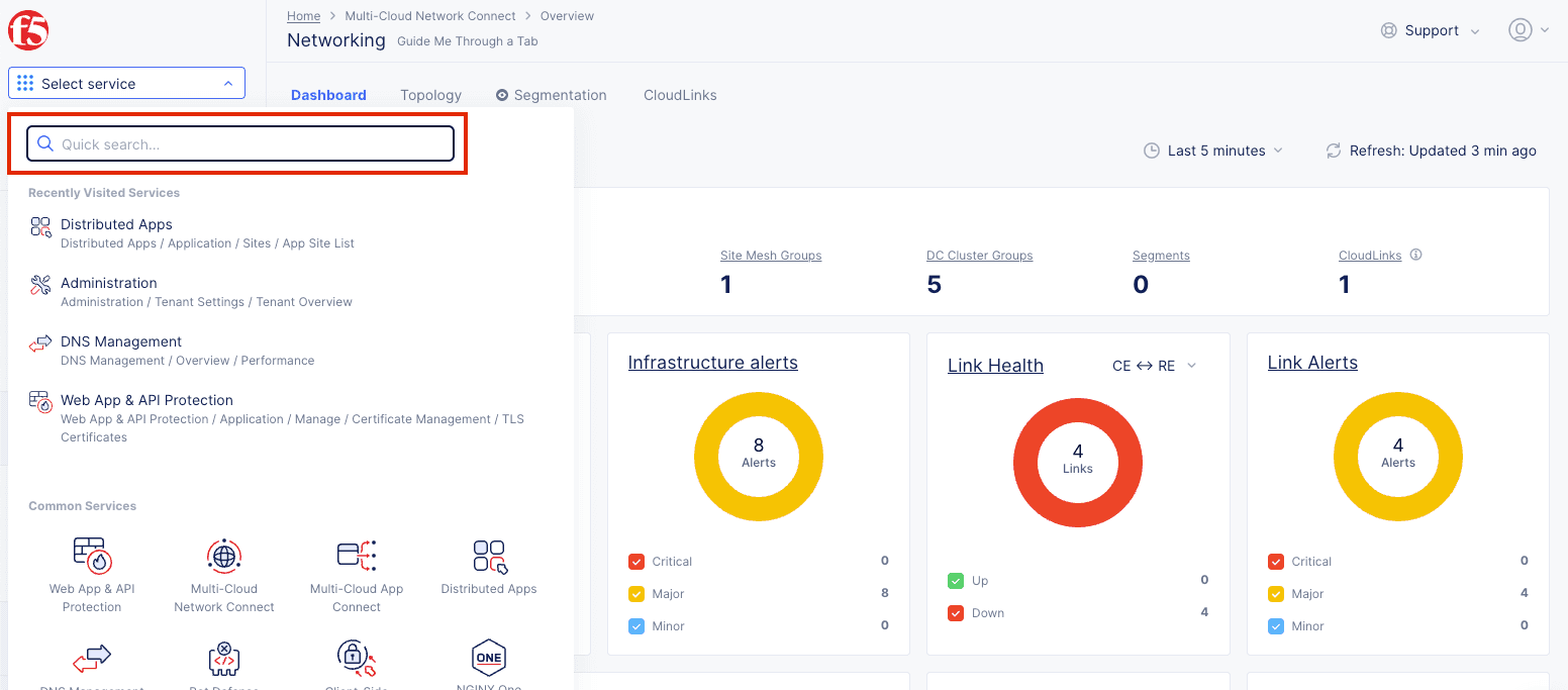 Figure: Quick Search Option for a Service