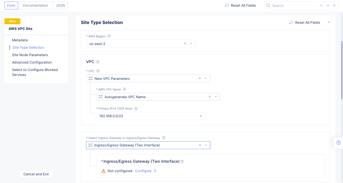 Figure: AWS VPC Site Configuration of Site Type