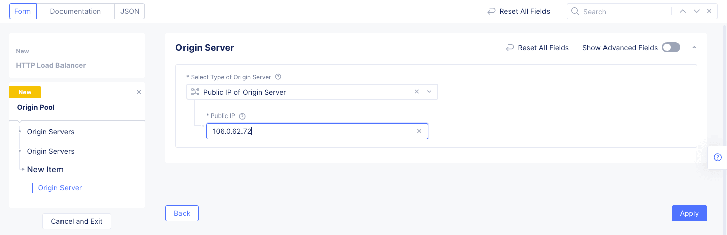 Figure: Origin Server Basic Configuration 
