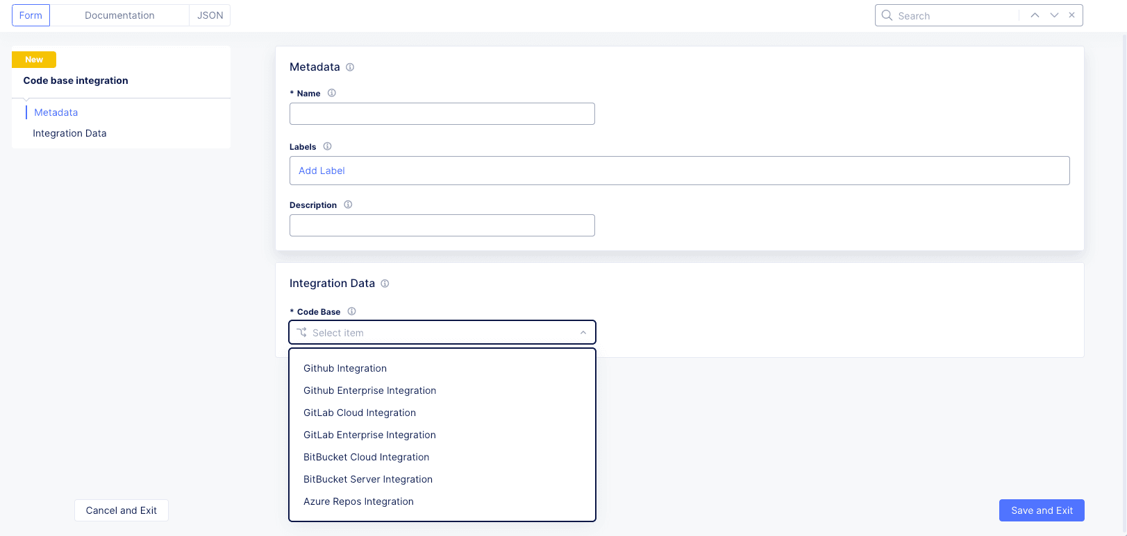 Figure: Add Code Base Integration Form