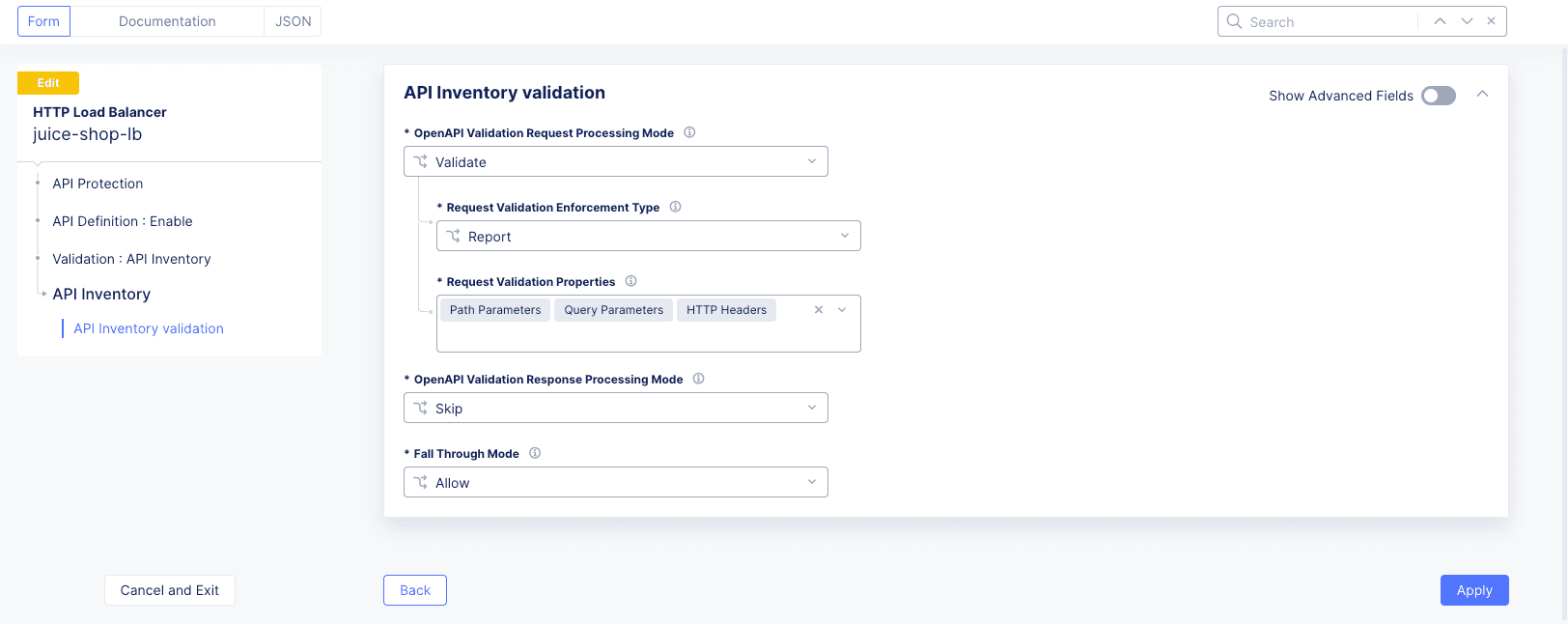 Figure: API Definition Validation Form