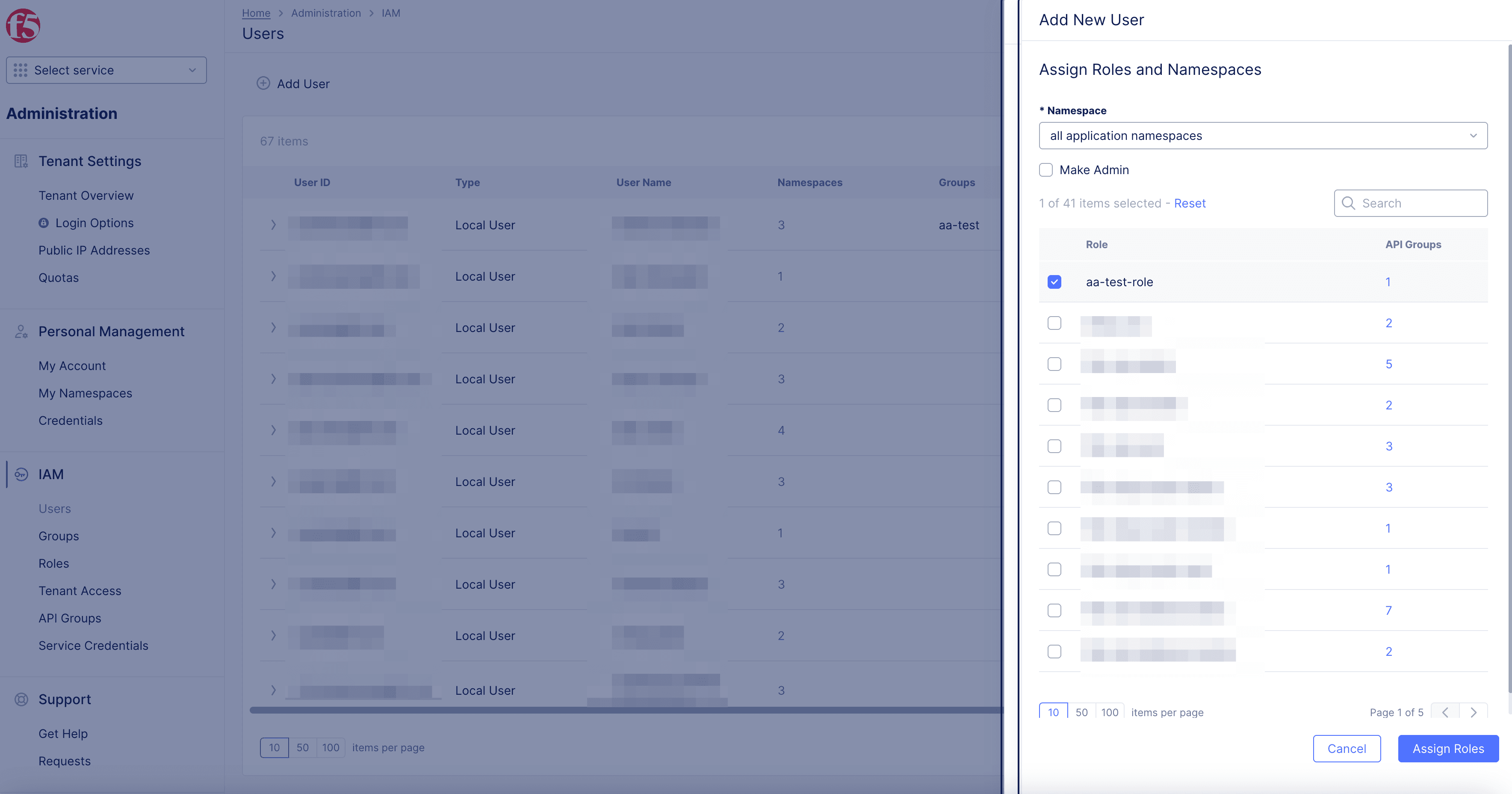 Figure: Add Roles and Namespaces