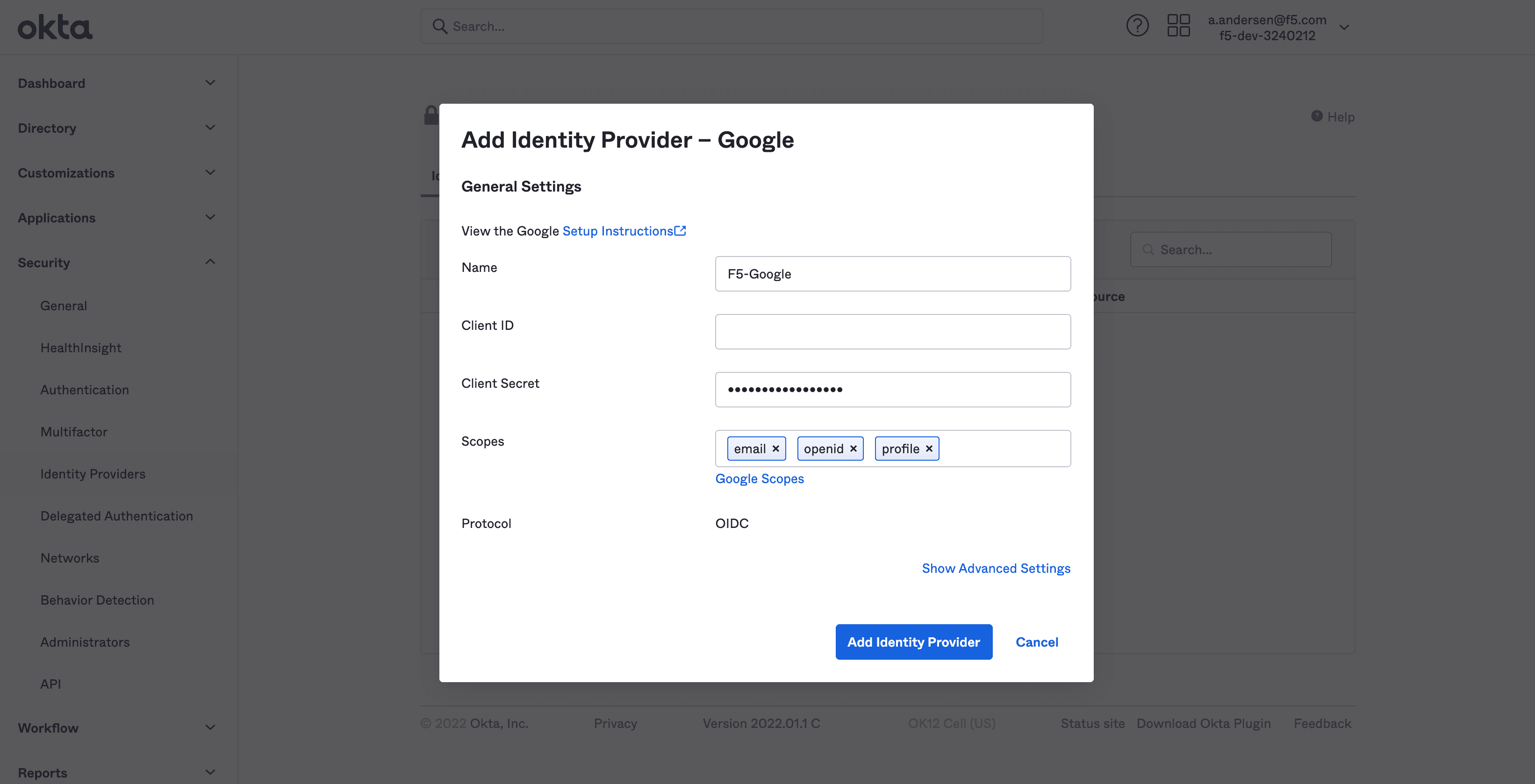 Figure: Identity Provider Client and Secret Settings