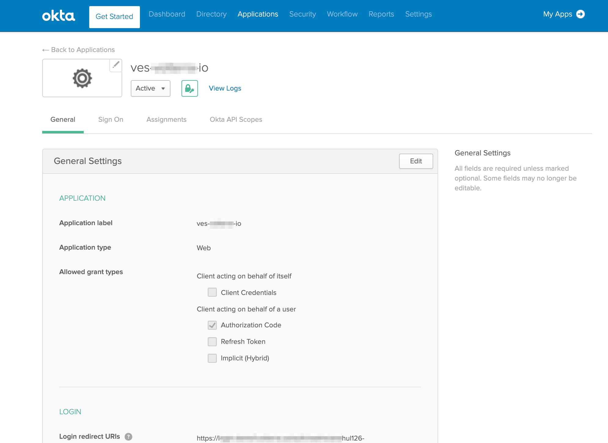 Figure: Okta Application General Settings