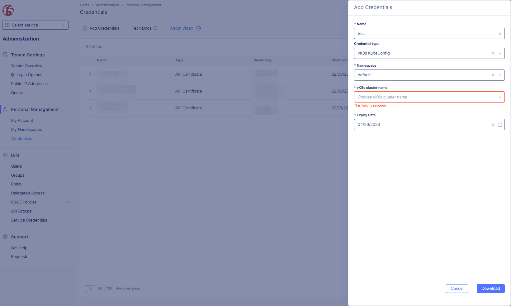 Figure: Generate and download vK8s KubeConfig Certificate