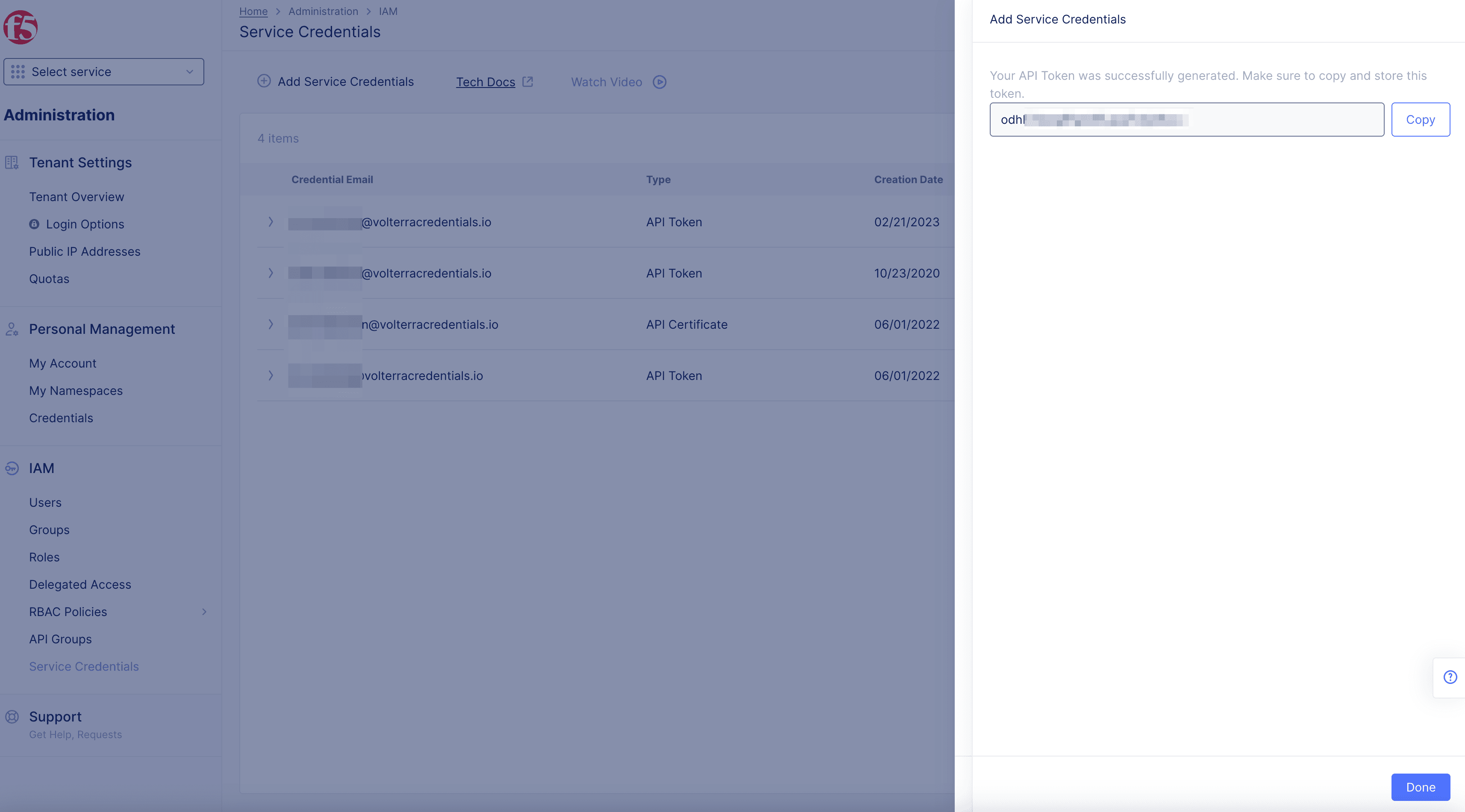 Figure: Copy Service API Token