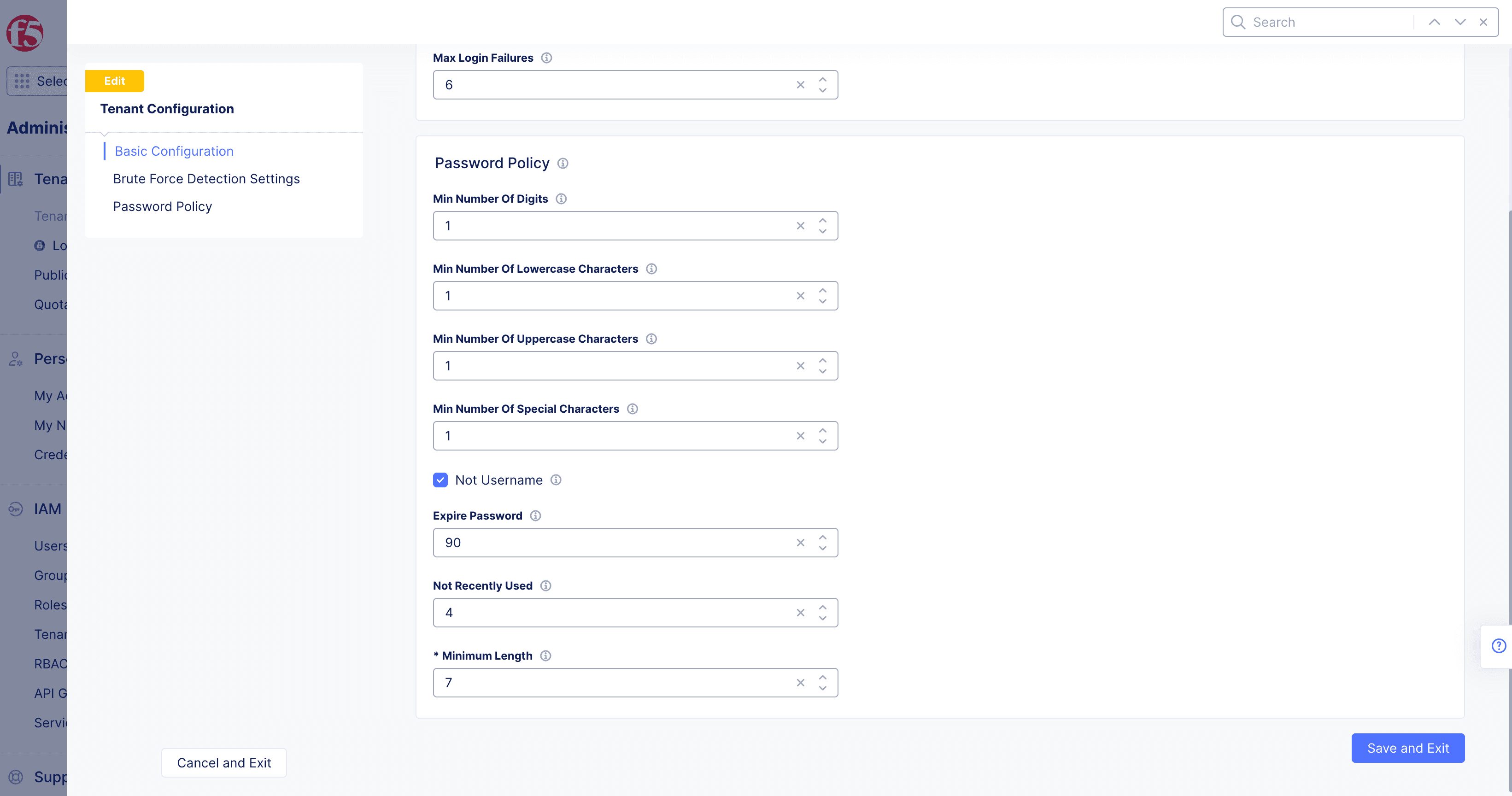 Figure: Tenant Password Policy Settings