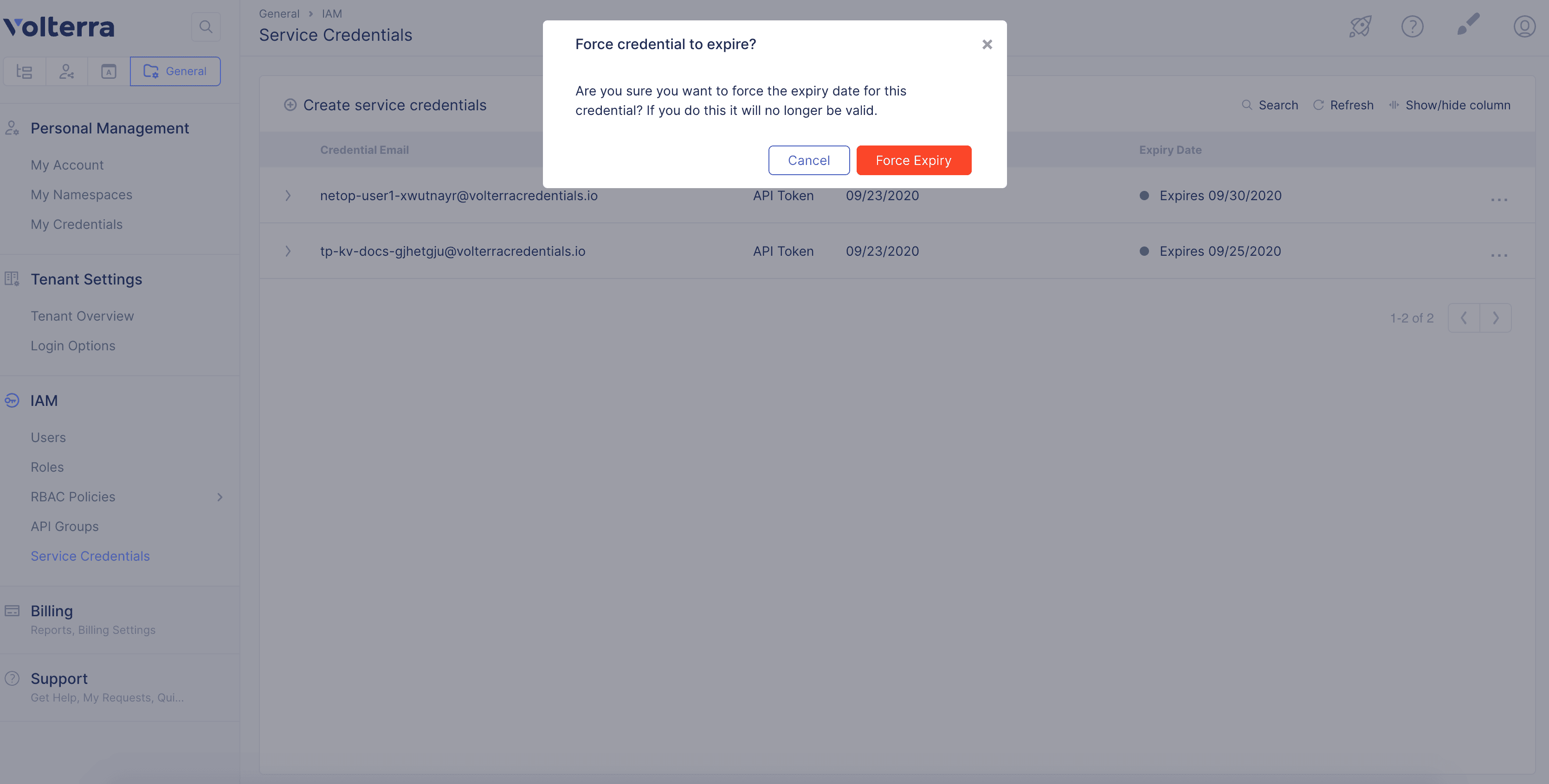 Figure: Service API Token Force Expiry Confirmation