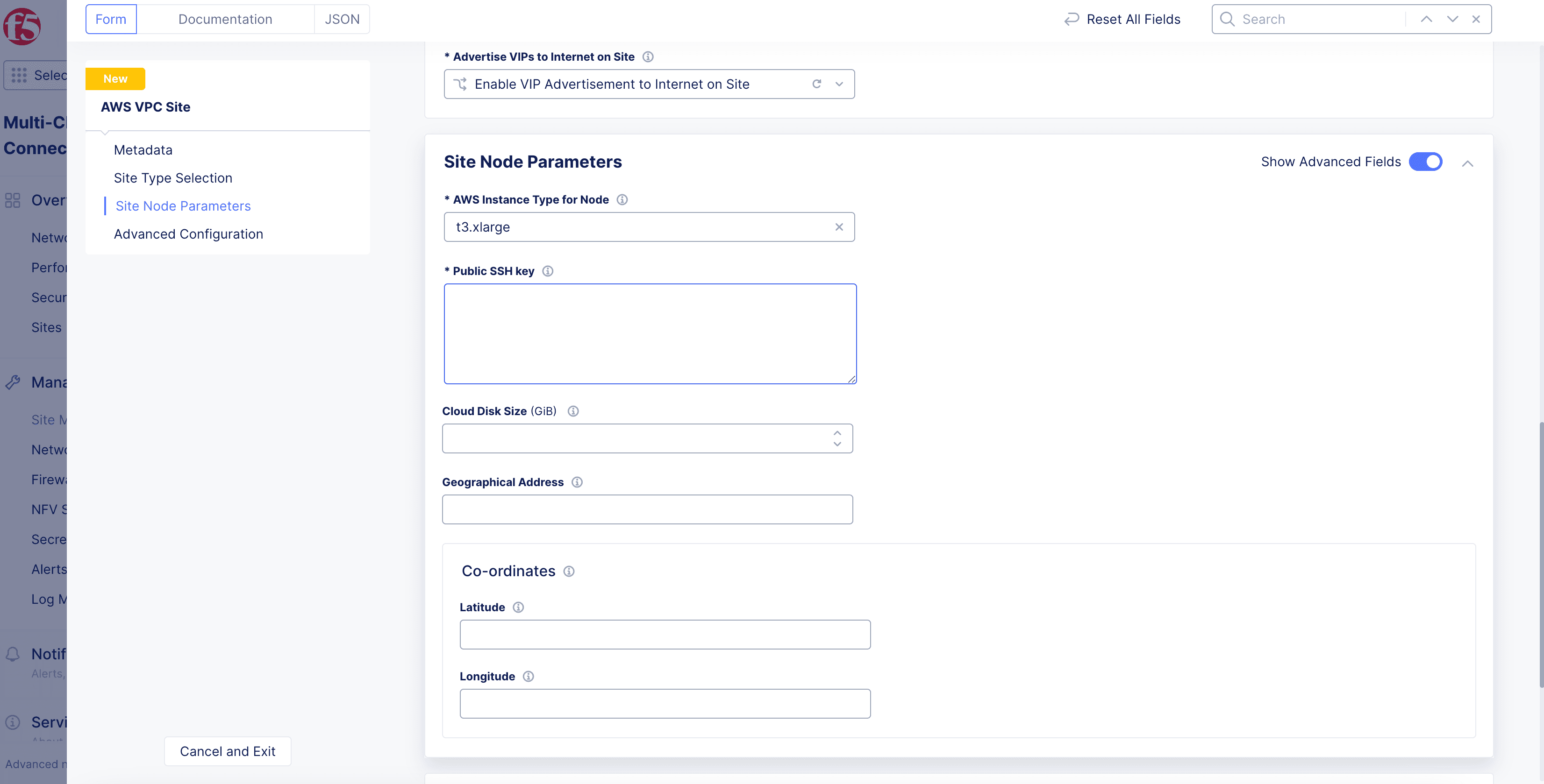 Figure: Site Node Parameters