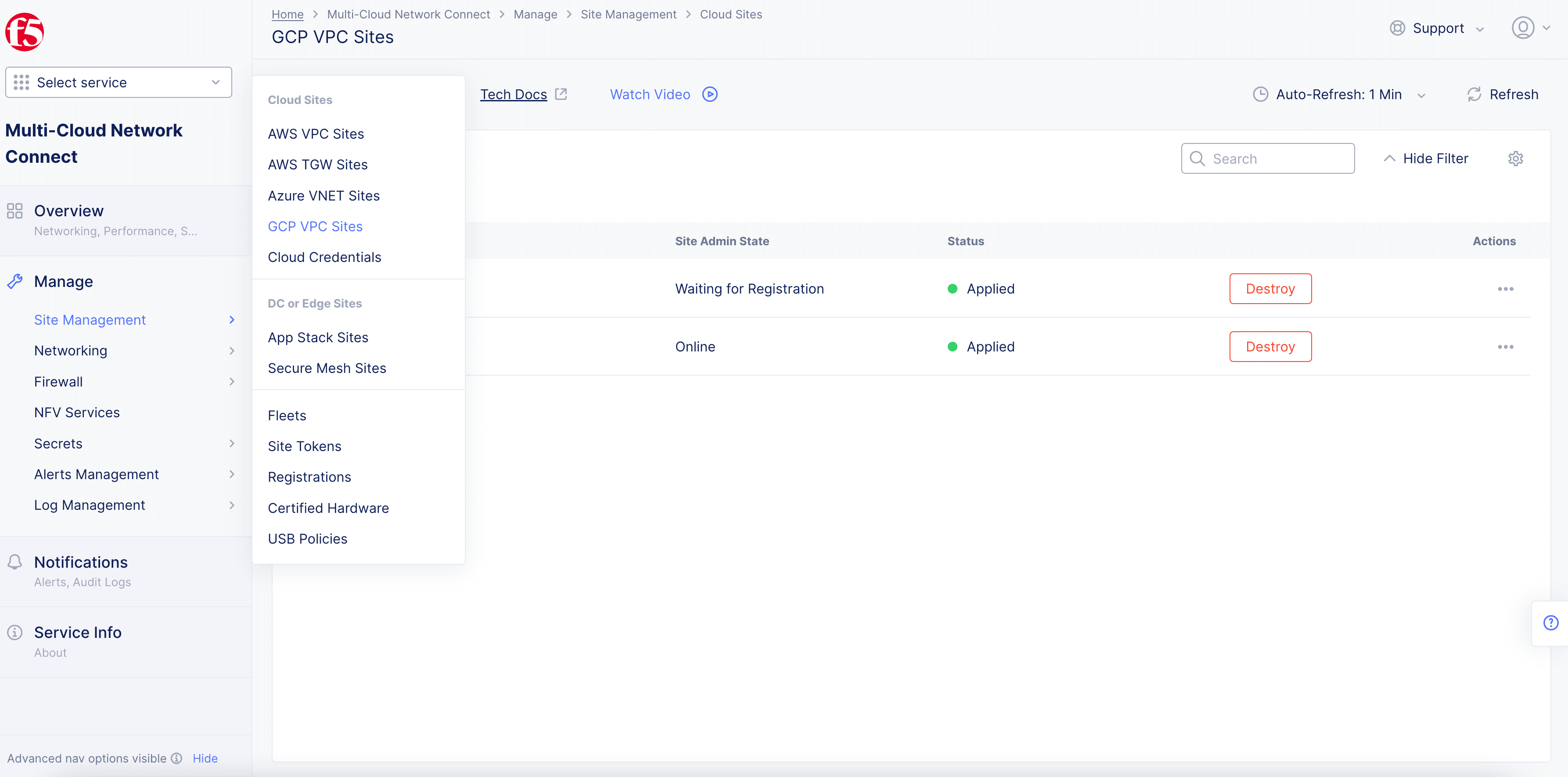 Figure: GCP VPC Sites