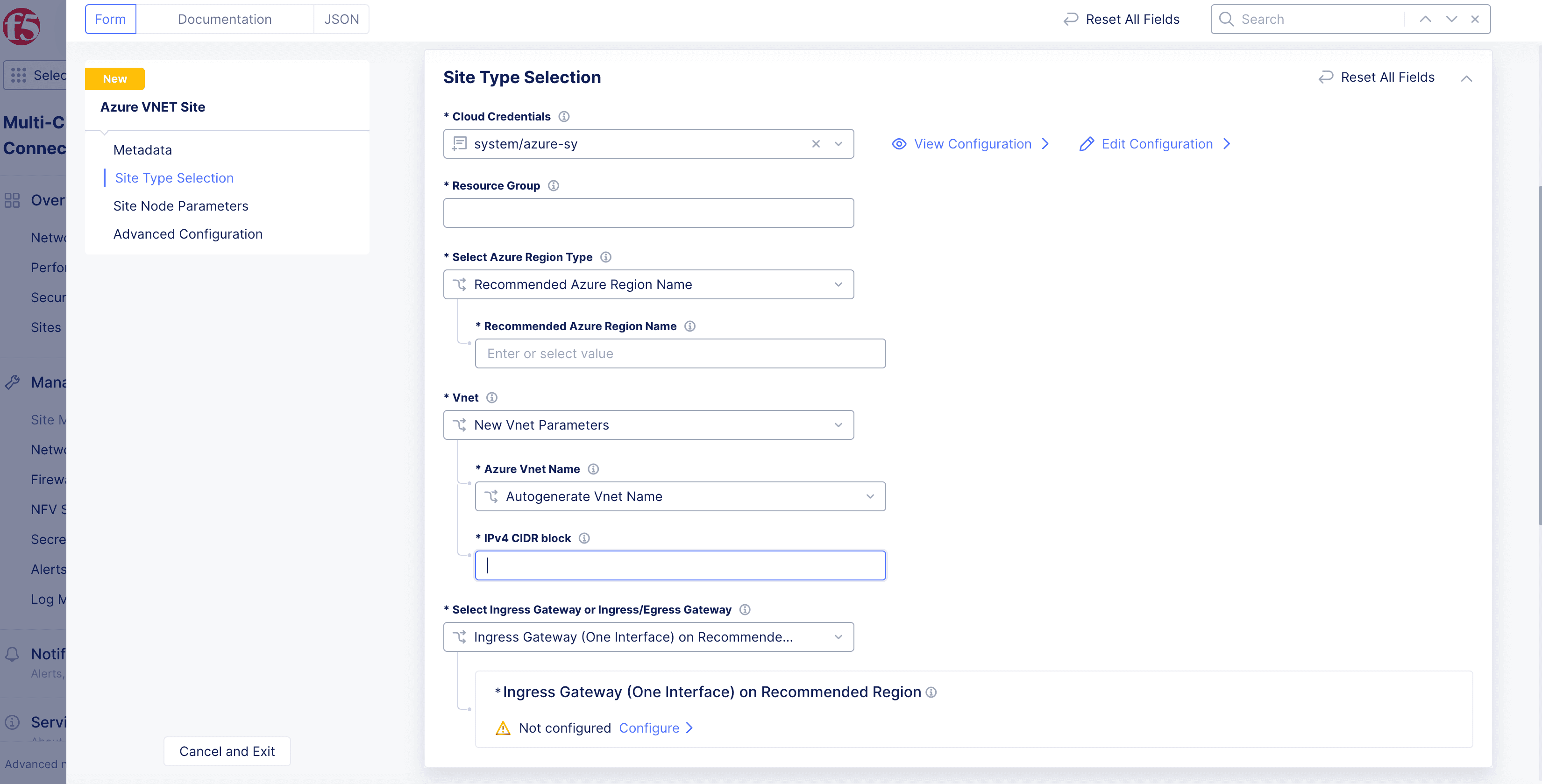 Figure: Site VNet Parameters
