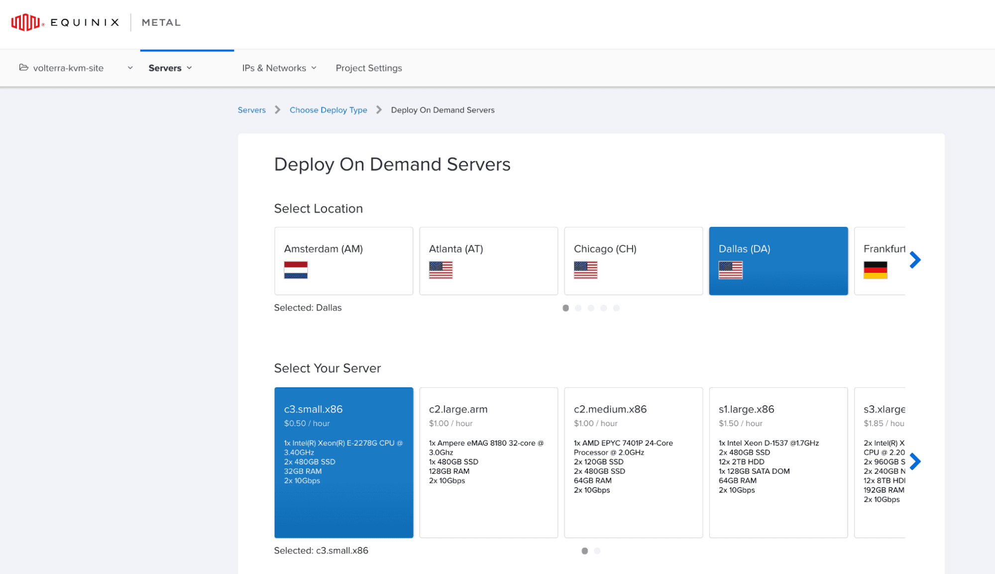 Figure: Equinix Metal Location and Deploy Type
