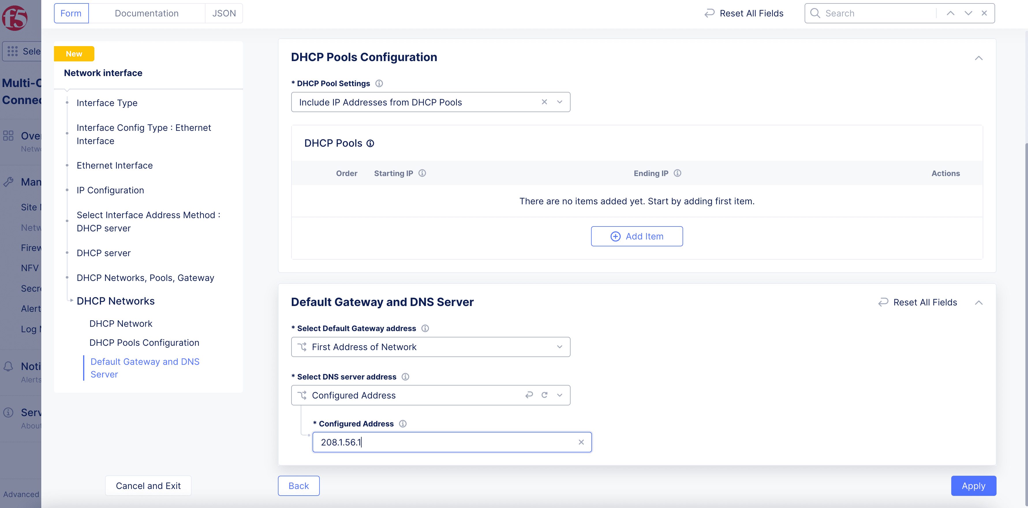 Figure: Default Gateway and DNS Configuration