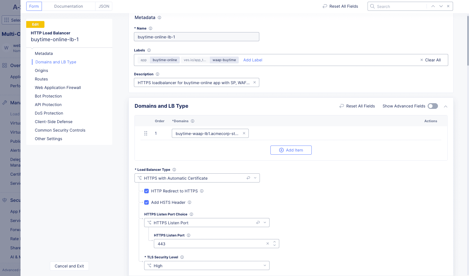 Figure: Load Balancer Form