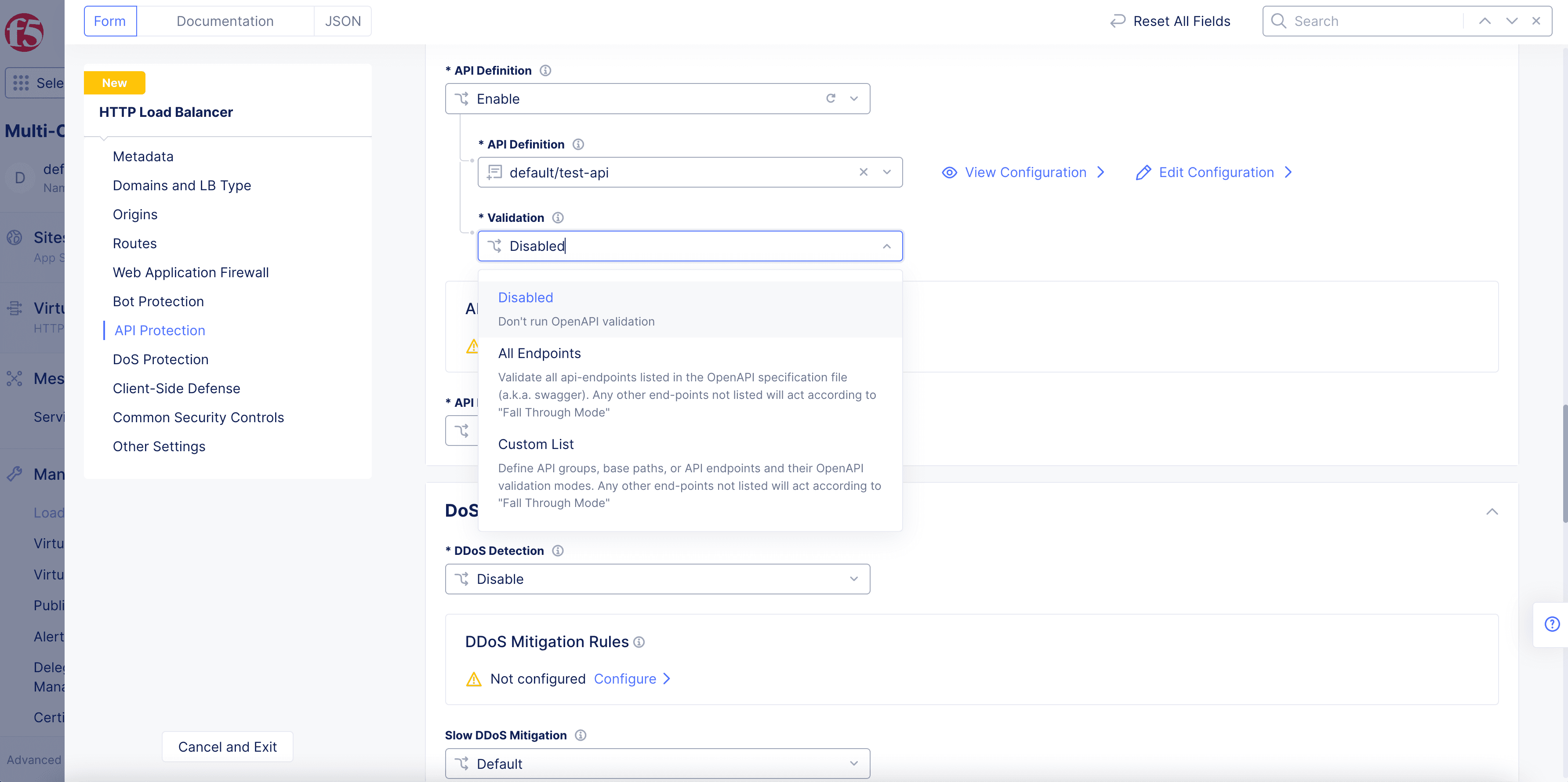 Figure: API Validation Options