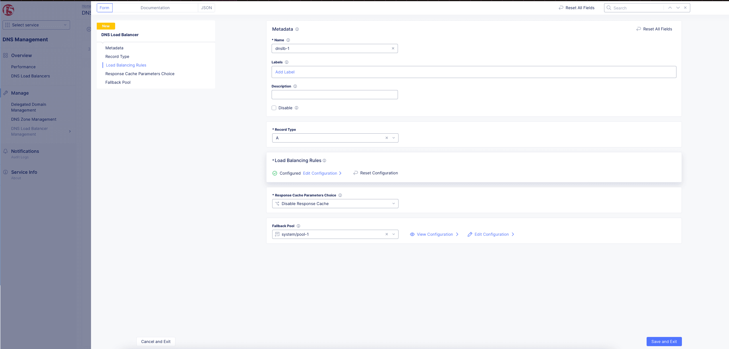 Figure: DNS Load Balancer Settings