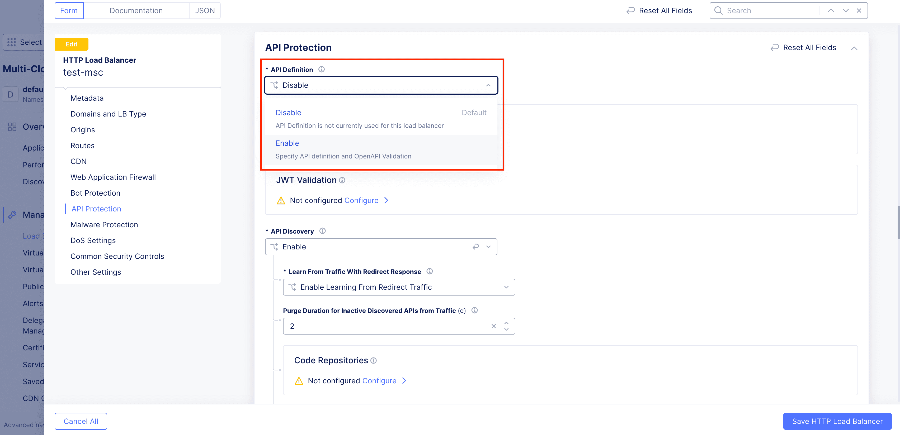Figure: Select Option for API Definition