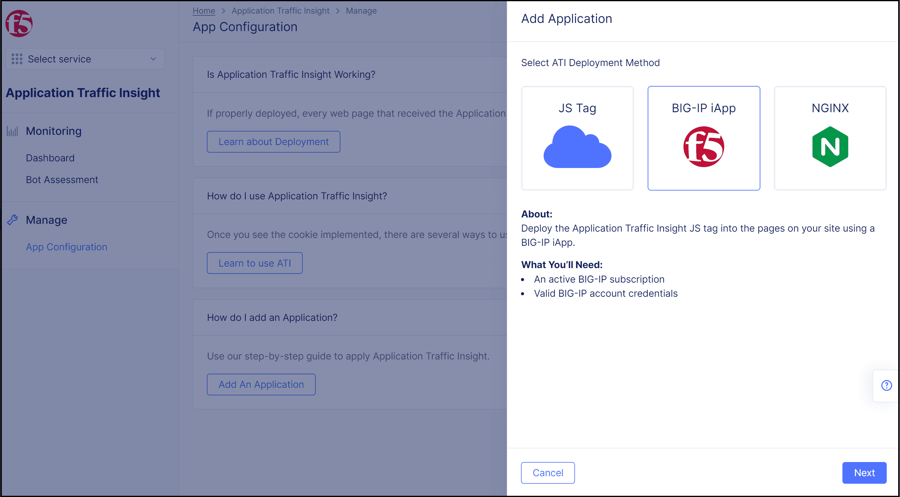 Figure: Select BIG-IP iApp for JS Injection Method