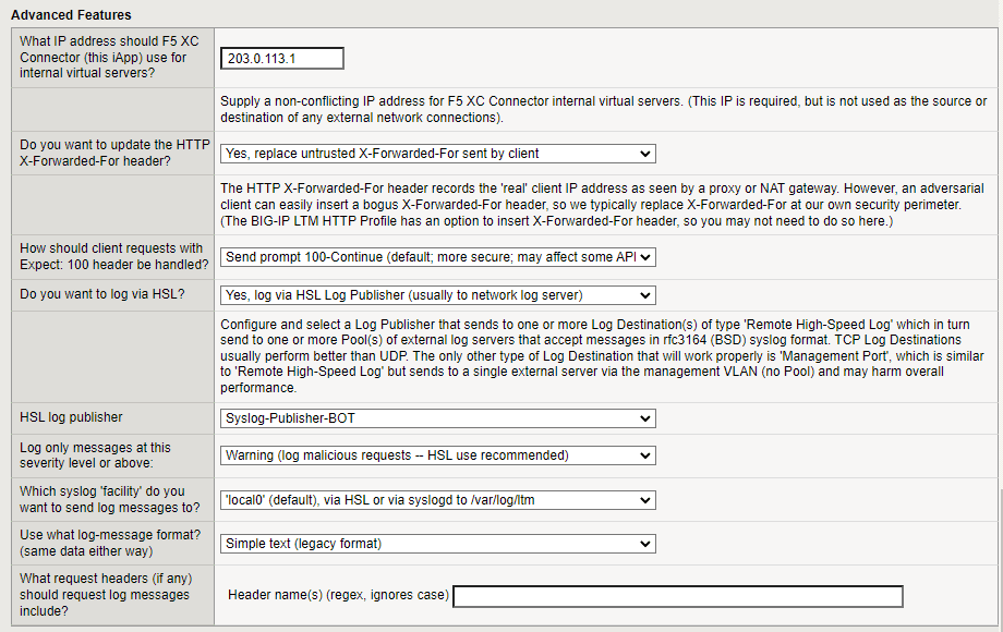 Figure: iApp connector advanced features screen