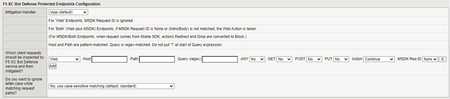 Figure: iApp Connector Protected Endpoint Configuration screen