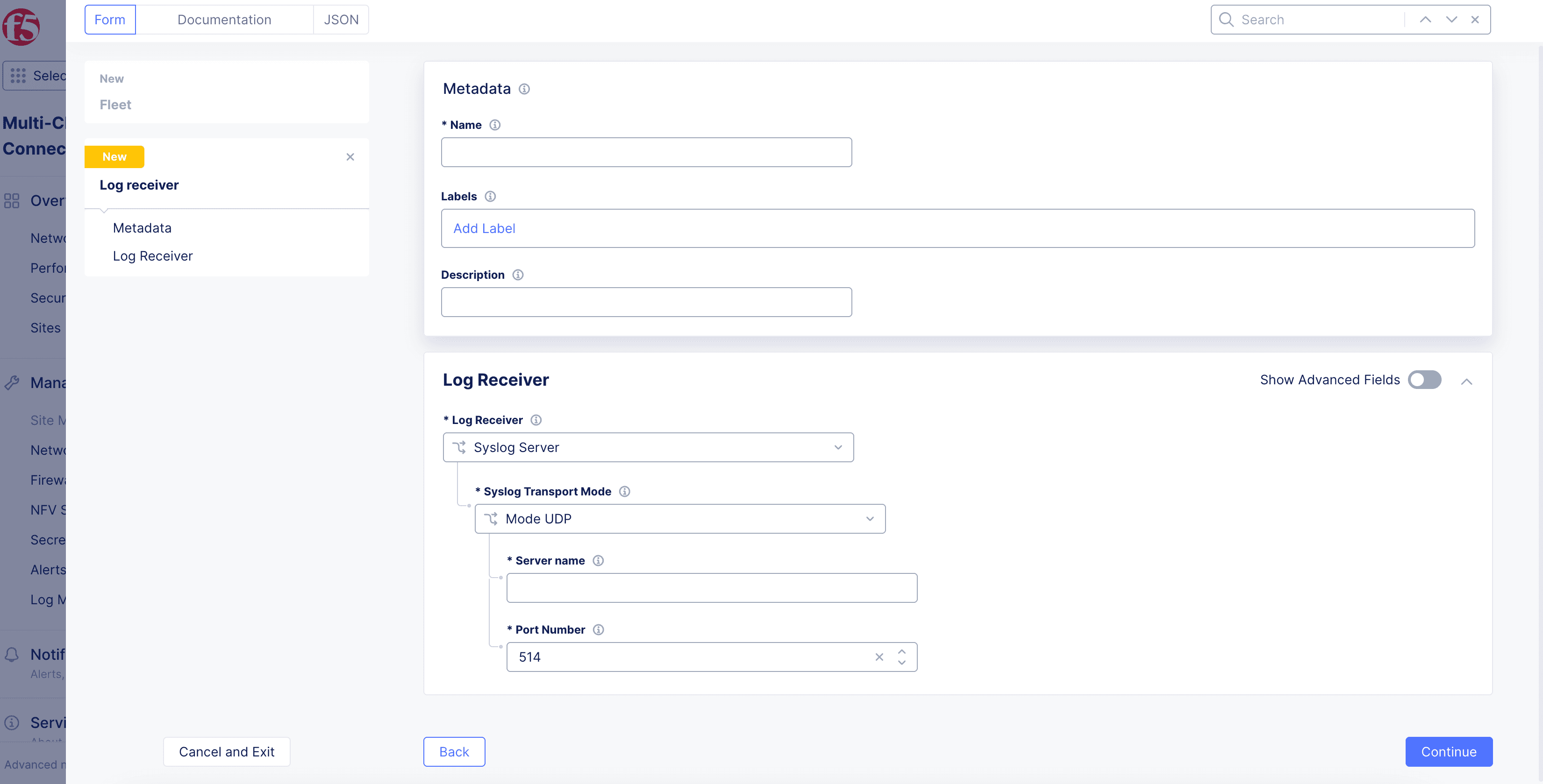 Figure: Log Receiver Creation