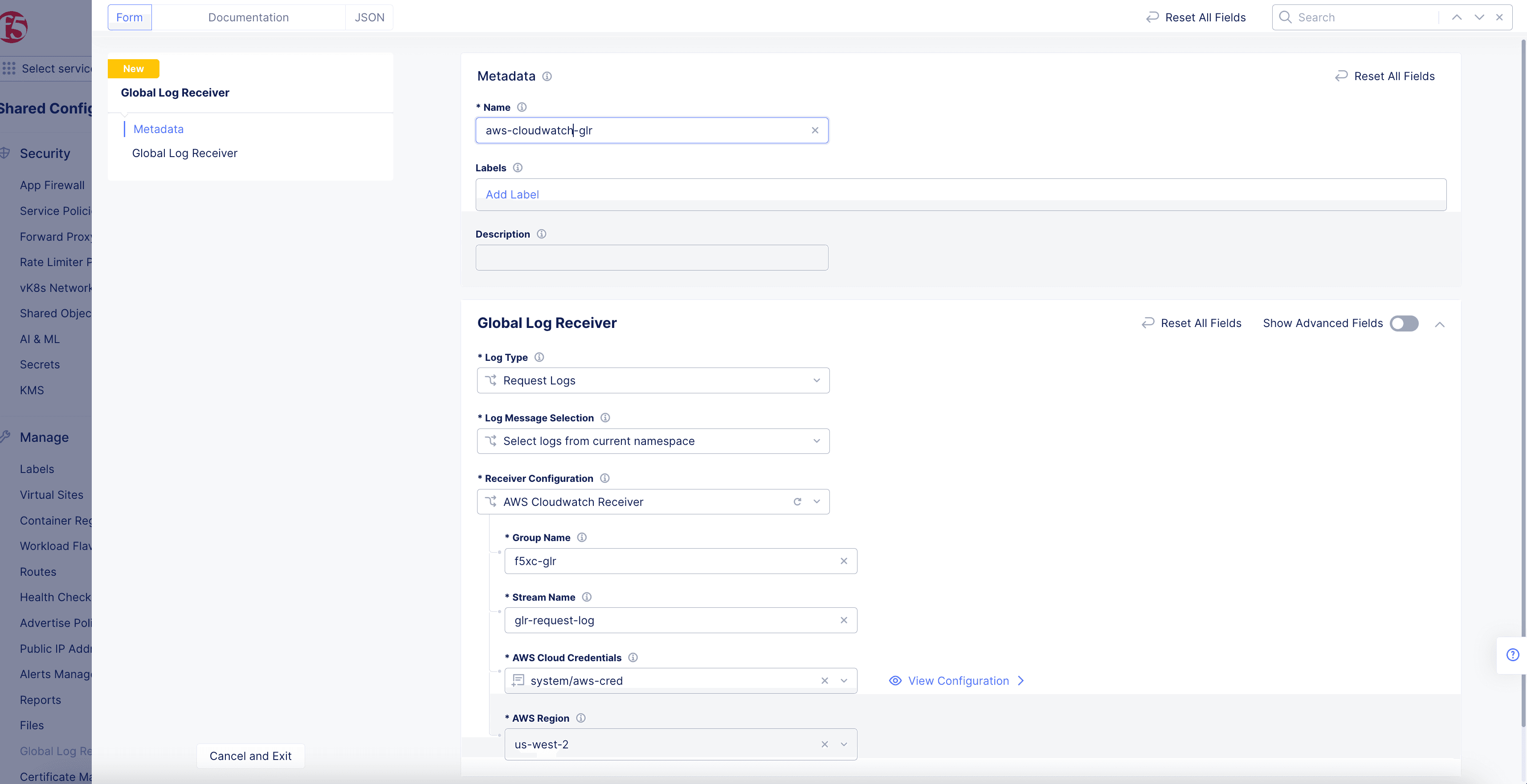 Figure: AWS Cloudwatch Global Log Receiver Configuration