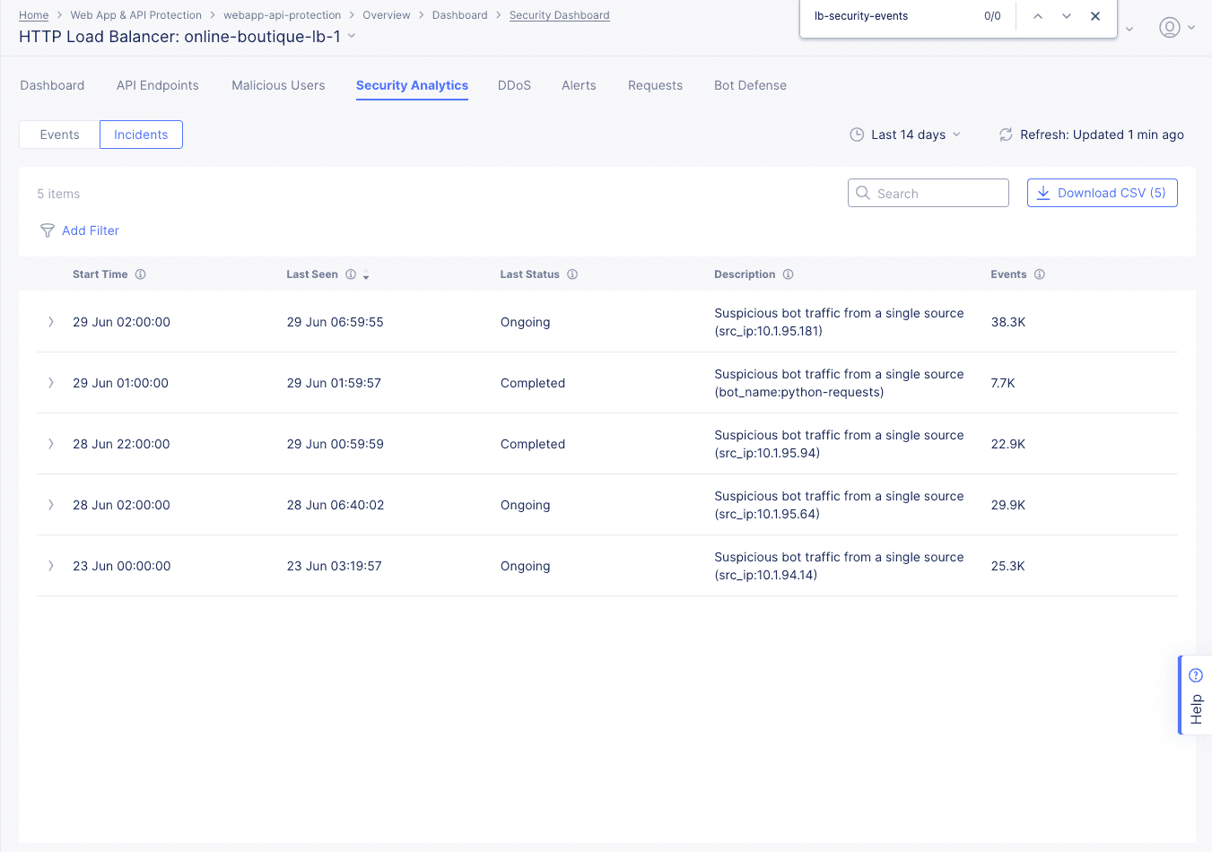 Figure: Security Incidents Page