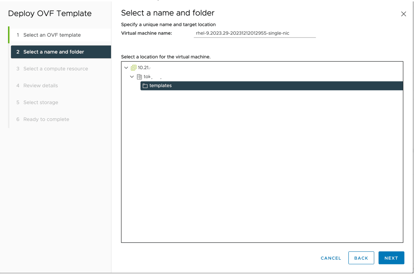 Figure: Select a name and folder page