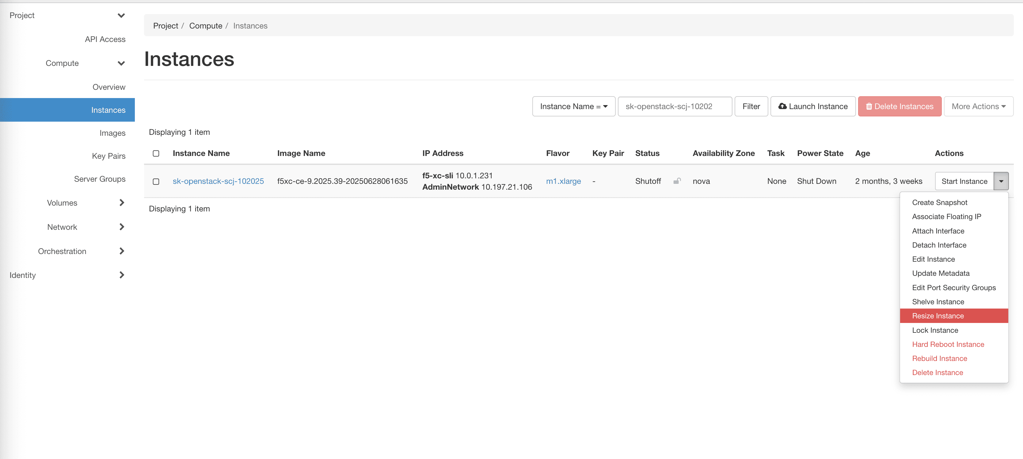 Figure: OpenStack - Resize Node Instance