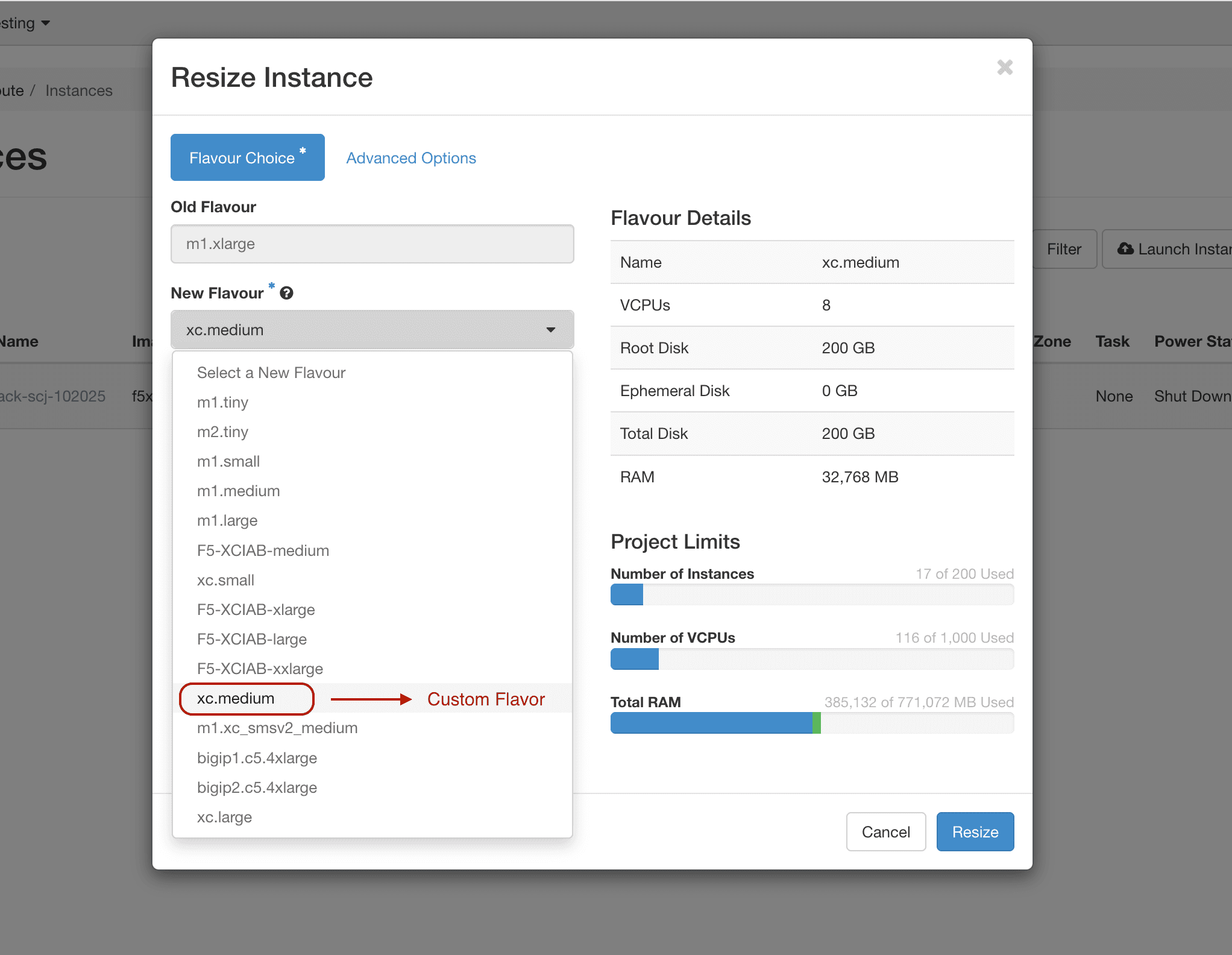 Figure: OpenStack - Shape Configuration Resized