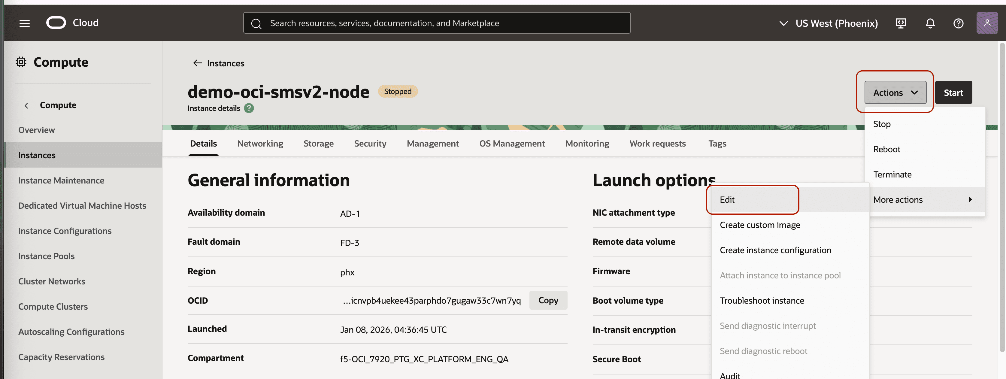 Figure: OCI - Edit Action