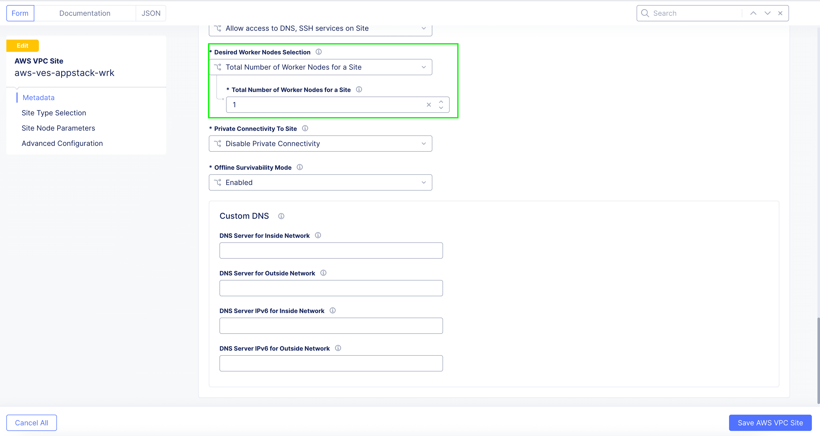 Figure: AWS VPC Site - Worker Node Selection