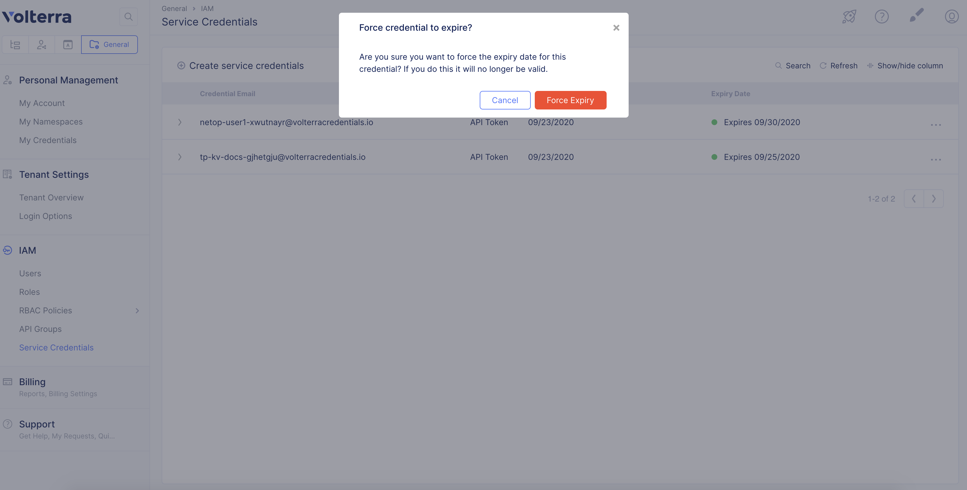 Figure: Service API Token Force Expiry Confirmation