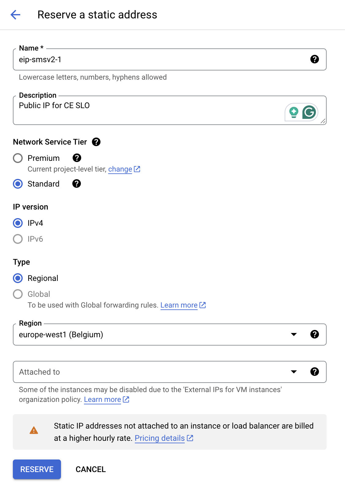 Figure: Configure the Reserve External IP Address
