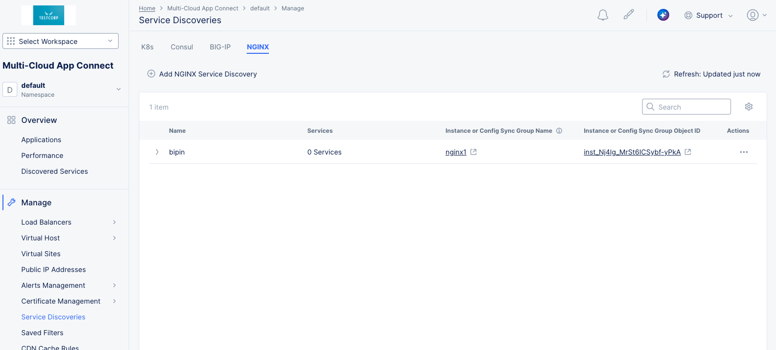 Figure: NGINX Service Discoveries page