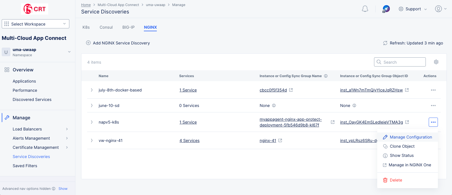 Figure: NGINX Service Discoveries page