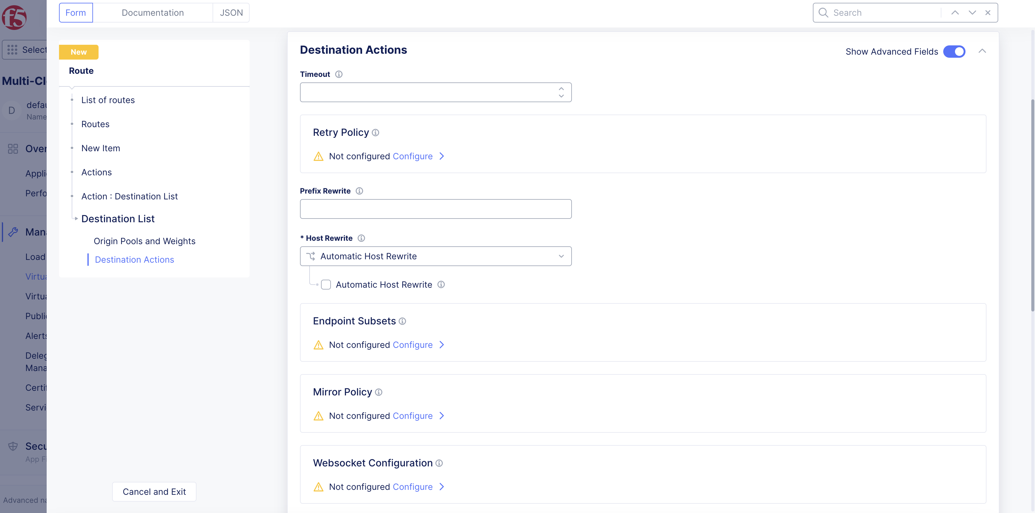 Figure: WebSocket Configuration Option in Route