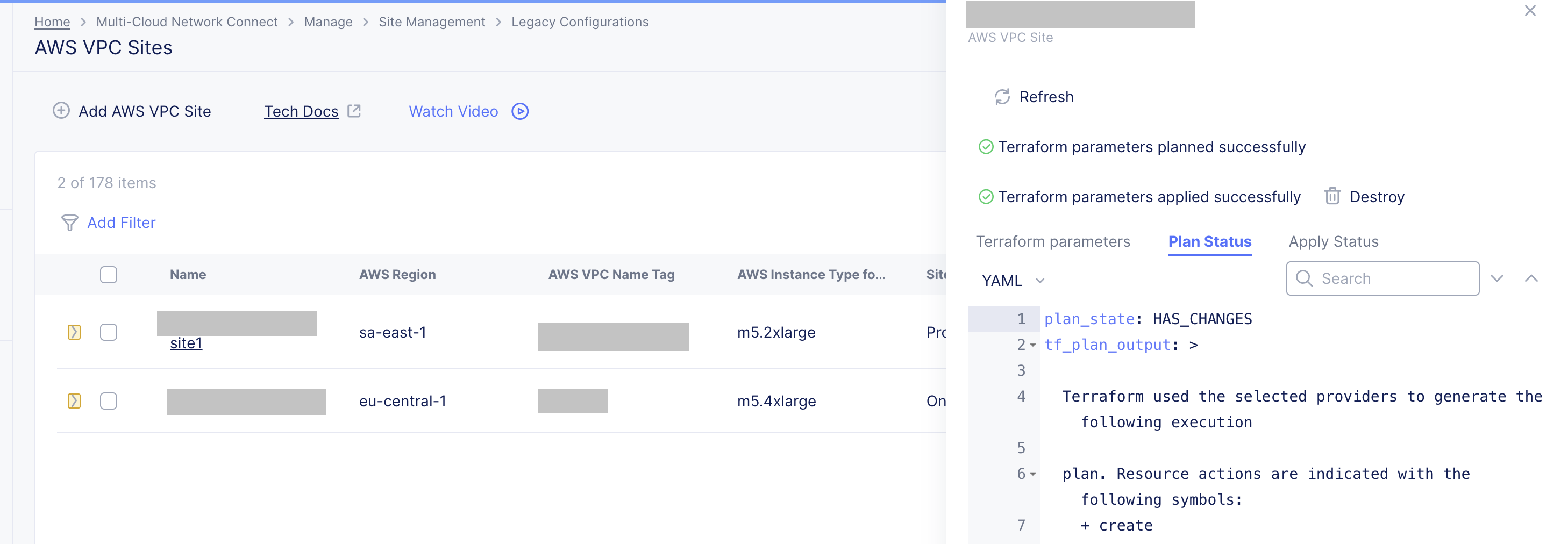 Figure: AWS VPC Site - Terraform Parameters > Plan Status