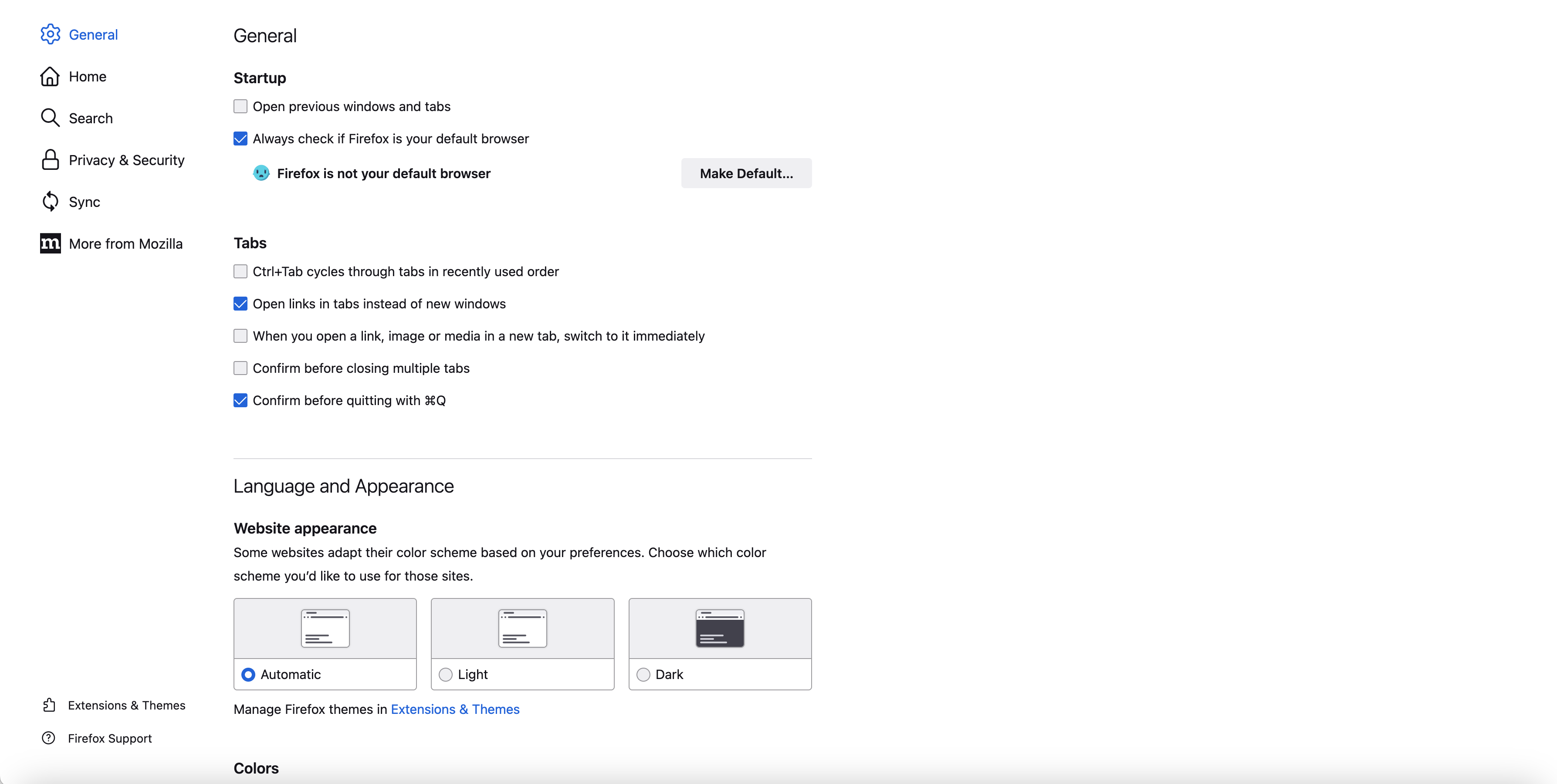 Figure: Firefox Settings General