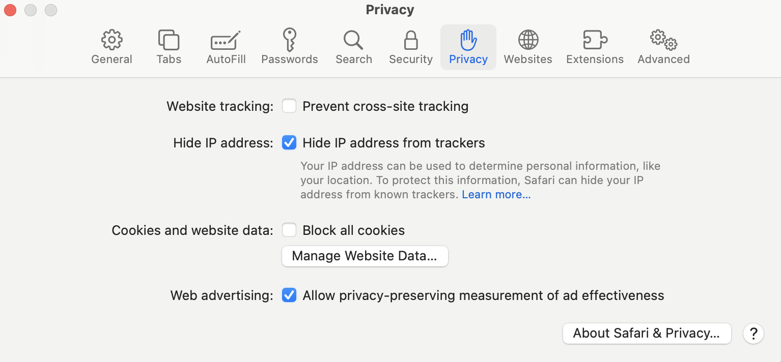 Figure: Safari Privacy Settings