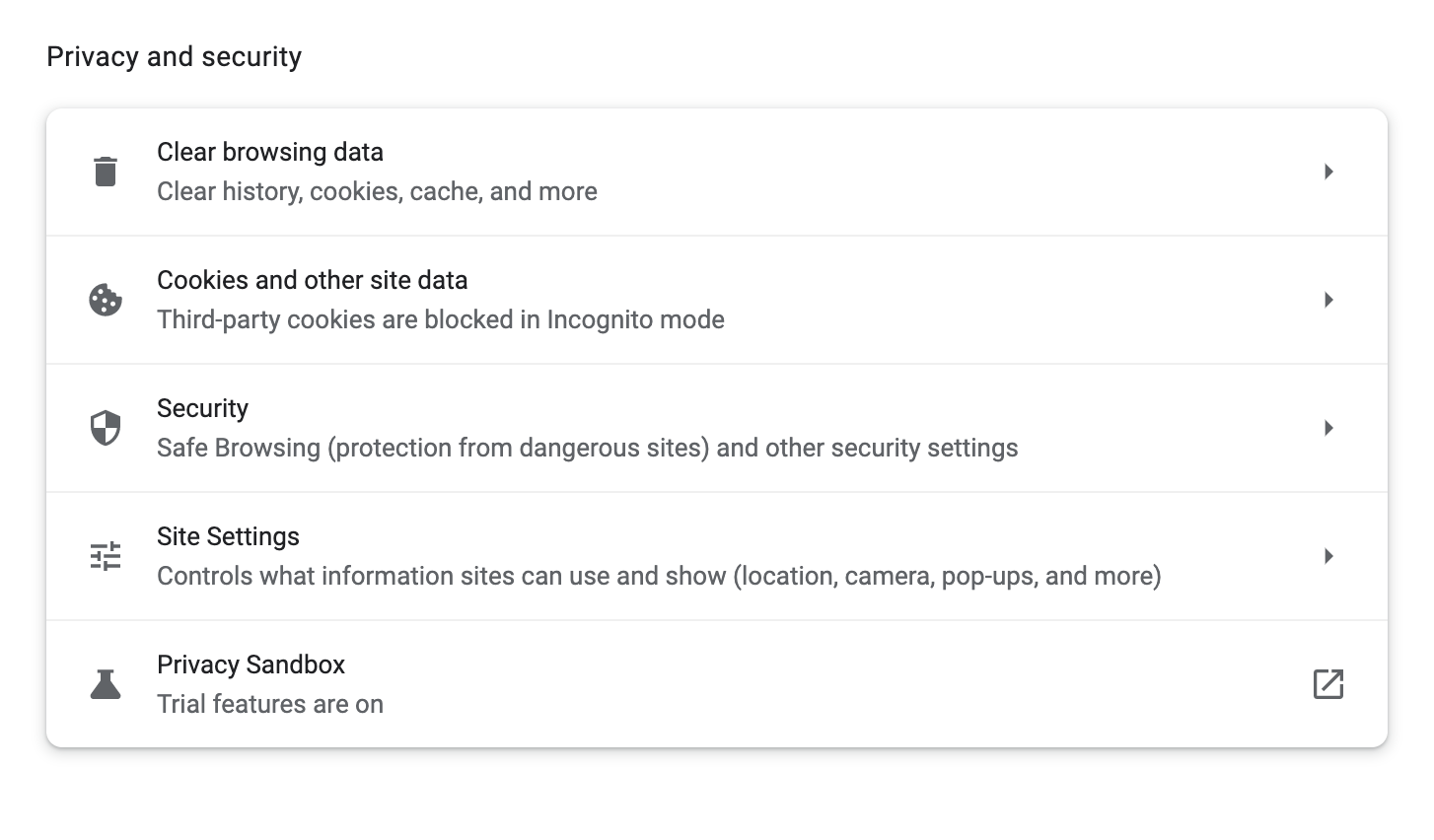 Figure: Google Chrome Privacy and Security Menu